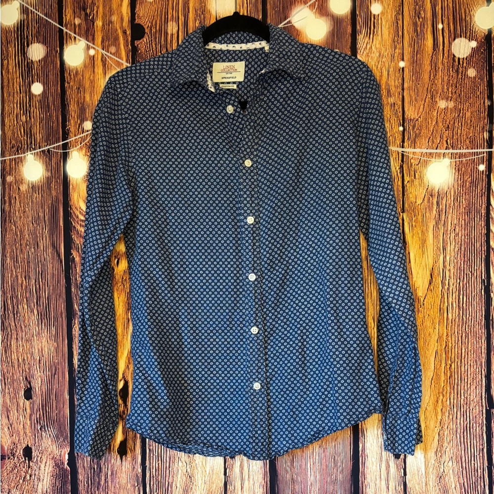 Springfield Navy Geometric Button Down Cotton/Linen Blend Shirt